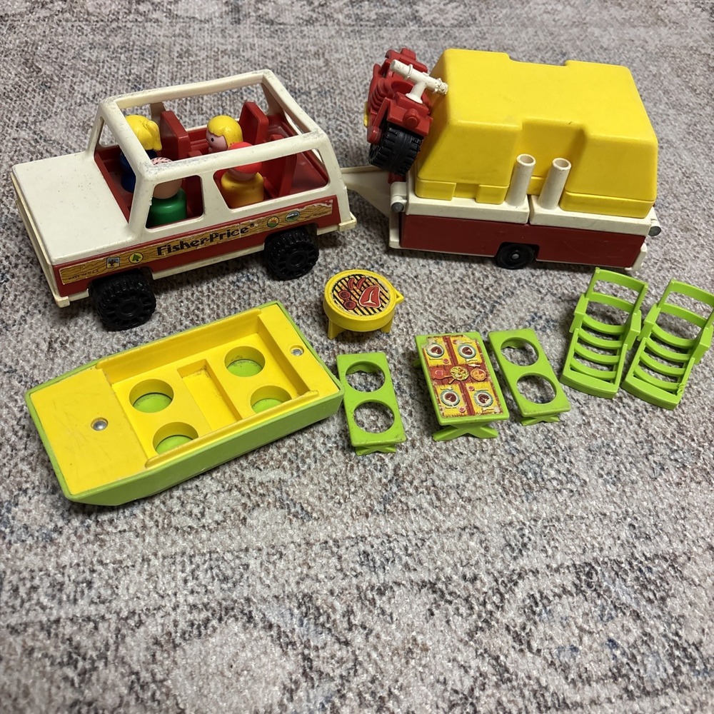 Fisher Price Vintage Little People Family Car & Pop-Up Camper #992 - Complete